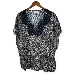 Kim Rogers Plus size 2X 18/20 Blouse Top Animal Print Cheetah lace trim